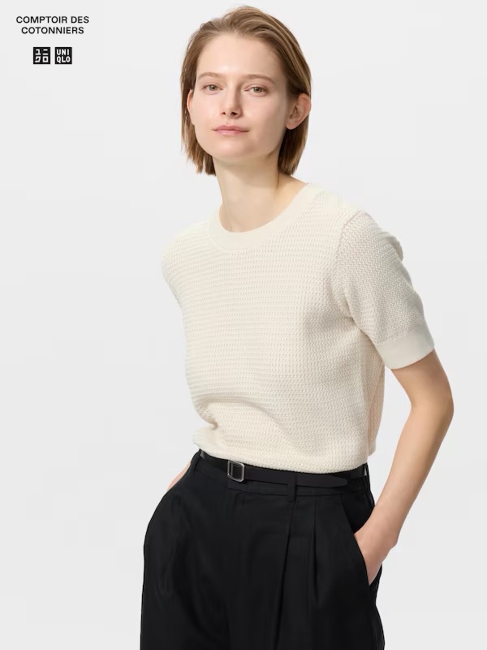 Uniqlo & Comptoir Des Cotonniers 100% Cotton Textured Short-Sleeve Crew Sweater